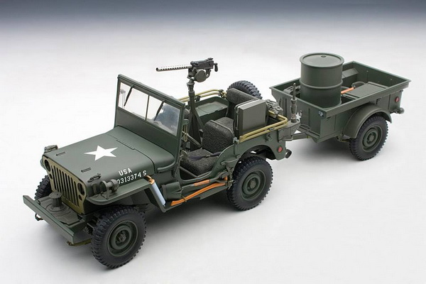 willys jeep (with trailer / accessories included) - army green 74016 Модель 1:18