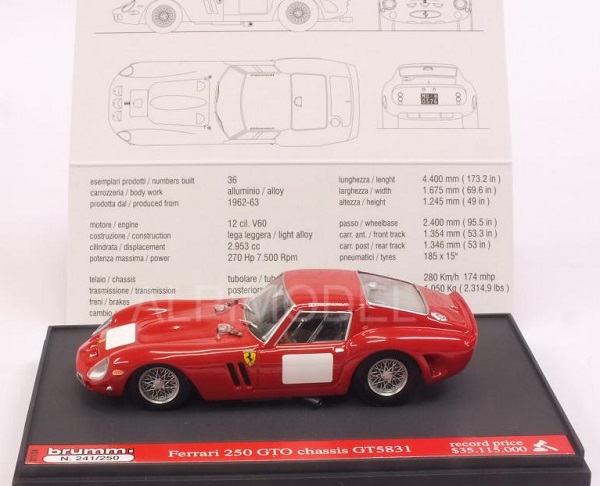 Модель 1:43 Ferrari 250 GTO Ch.№GT5831 Record Price 38 Million Dollars Bohams Auction 2014 (L.E.250pcs)