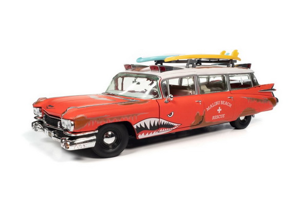 Модель 1:18 Cadillac Eldorado Ambulance With Shark Graphics An Surfboards - 1959 - Red/White