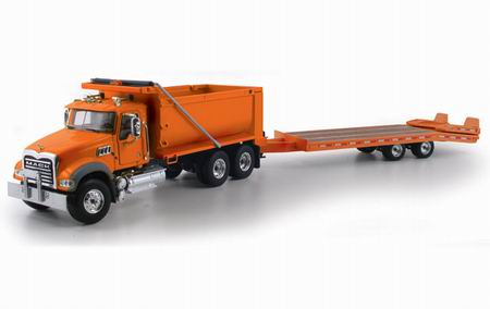 mack granite mp dump truck with beavertail trailer in dot orange 50-3227 Модель 1:50