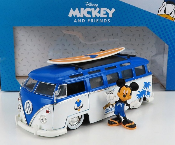 VOLKSWAGEN T1 Samba Minibus (1962) - With Topolino Mickey Mouse Figure - Walt Disney, White Blue 253075001 Модель 1:24