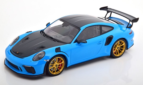 Модель 1:18 Porsche 911 (991/2) GT3 RS Weissach Package mit goldenen Felgen - blue/carbon grey (L.E.111pcs)
