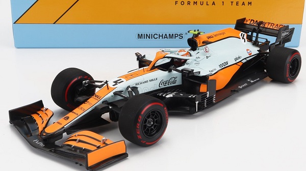 Модель 1:18 McLaren F1 Mcl35l Mercedes M12 Eq Power+ Team Mclaren №4 3rd Monaco GP (2021) Lando Norris, Orange Light Blue