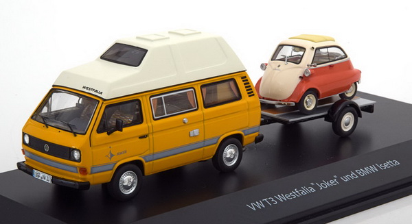 Модель 1:43 Volkswagen T3 «Joker» Camping Bus (с прицепом и BMW Isetta)