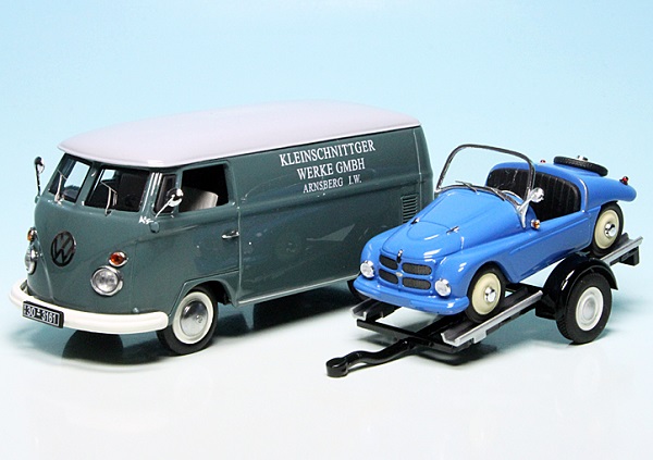 VW T1 Bulli Van with car-trailer and Kleinschnittger F125 "Kleinschnittger-Werke" blue/lightblue 450374100 Модель 1:43