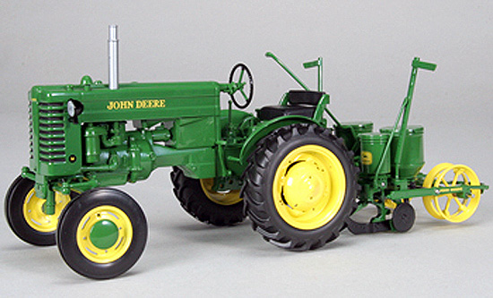 john deere model "m" tractor w/two row planter - green/yellow JDM233 Модель 1:16