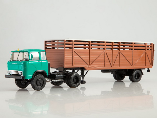 КАЗ-608 с п/прицепом для перевозки животных ОдАЗ-857Б - зелёный/коричневый 102583 Модель 1:43