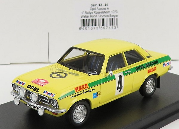 OPEL Ascona A (night Version) №4 Winner Rally Russelsheim (1973) W.rohrl - J.Berger, yellow green TRFDSN44 Модель 1:43