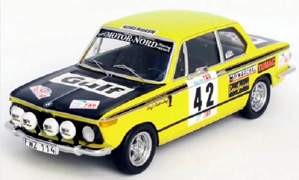 bmw 2002, no.42, motor-nord racing, gulf, rallye wm, rally portugal, 1973, l.asterhag/a.gullberg TRORRAL107 Модель 1:43