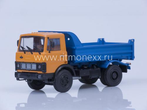 5551 самосвал (ранняя кабина, оранжево-синий), 1988 г. /металл. рама, откидывающаяся кабина/ 100497.ос Модель 1:43