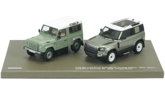 Модель 1:43 Land Rover Defender 90 (2015) - green / Defender 90 (2020) - pangea green (2 car set)