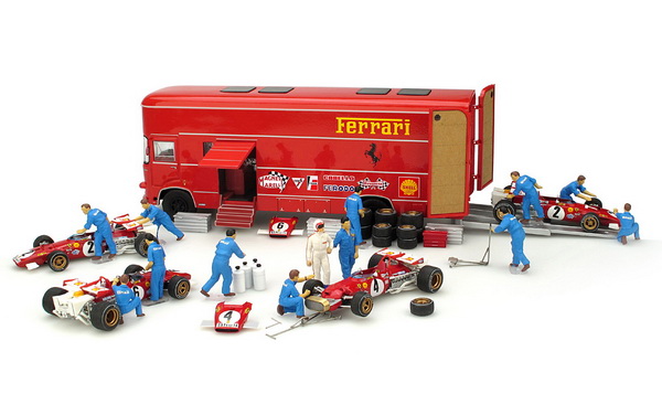 Модель 1:43 Ferrari - OM 160 ROLFO TRANSPORTER F1 GP ITALY - WITH 3X F1 312B + 3X SET RUOTE WHEELS + 2 MECCANICI (Clay Regazzoni)