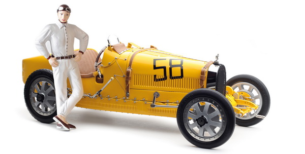 bugatti t35, yellow livery with a female racer figurine, limited edition 600 M-100 B-017 Модель 1:18