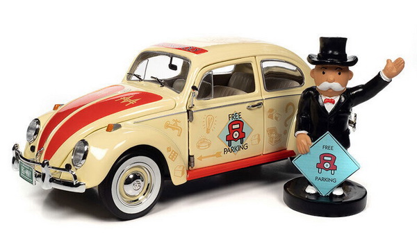 Модель 1:18 Volkswagen Beetle - 1963 - With Mr. Monopoly Free Parking Figure - Cream/Red/Black