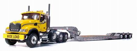 mack granite mp with tri-axle lowboy in yellow and silver 10-3885 Модель 1:34
