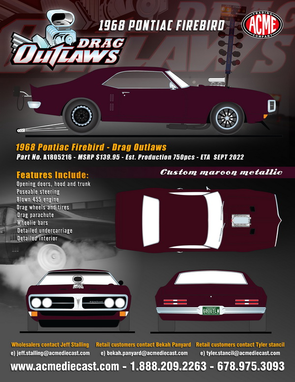 Модель 1:18 Pontiac Firebird  Drag Outlaw  Custom Maroon Metallic 1968 (L.E.750 pcs)