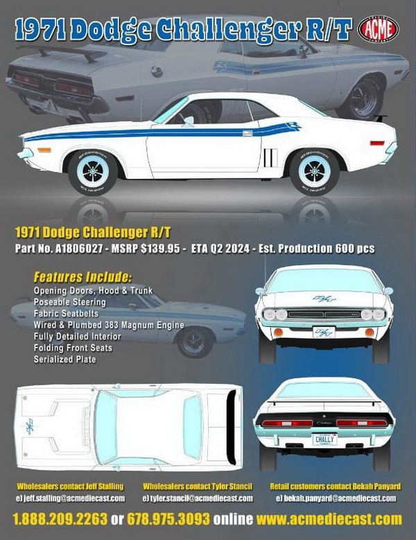 Модель 1:18 Dodge Challenger R/T - 1971 - White with Blue Stripes