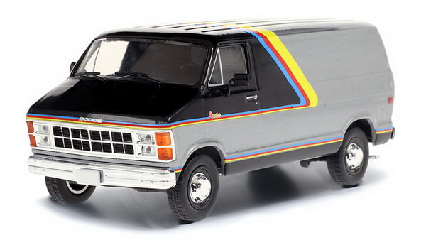 Модель 1:43 DODGE Ram B250 Van 1980 Silver and Black with Yellow, Red and Blue Stripes