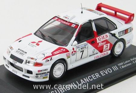 Модель 1:43 Mitsubishi Lancer Evo III №7 Rally 1000 Lakes (Tommi Antero Makinen - Seppo Harjanne) - white/red