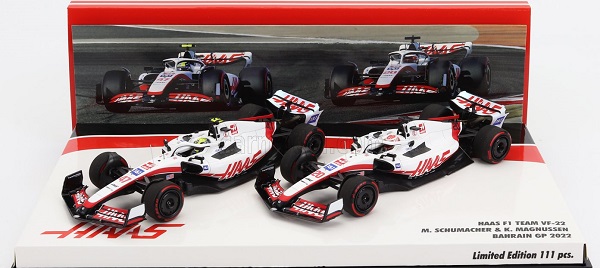 HAAS F1  Set 2x Vf-22 Ferrari Team Haas N 20 5th Bahrain Gp 2022 Kevin Magnussen + N 47 Bahrain Gp 2022 Mick Schumacher, White