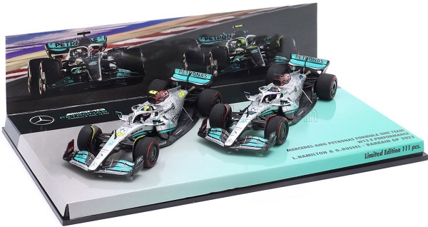 Модель 1:43 Набор Mercedes W13E Bahrain GP 2022 N 44 3rd Lewis Hamilton + N 63 4th George Russel