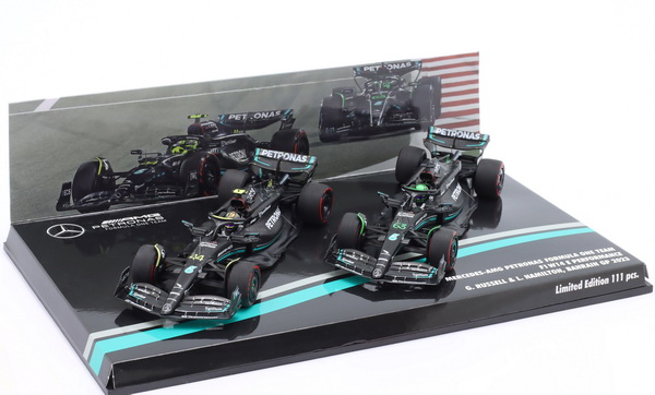 Mercedes Set 2x W14 Team Mercedes-AMG Petronas N44 Lewis Hamilton + N63 George Russel Bahrain GP 2023 (L.e. 111 pcs.)