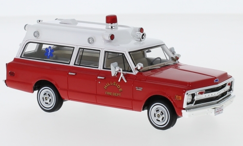 chevrolet suburban ambulance "hillside fire department" (пожарная медицинская помощь) 1970 red/white NEO47246 Модель 1:43
