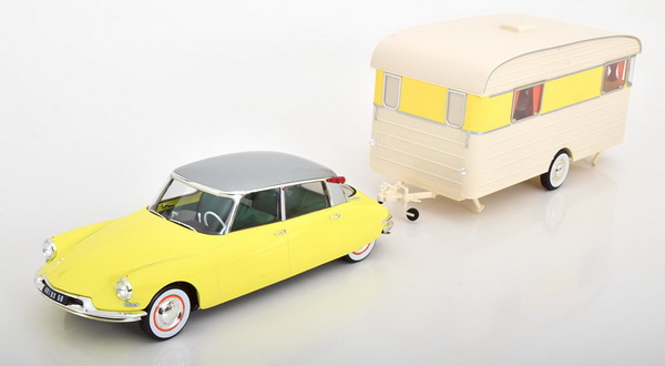 Модель 1:18 Citroen DS 19 - 1960 + Caravan Digue Panoramic (yellow / cream)