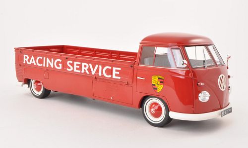 volkswagen t1 «porsche racing service» flatbed platform trailer long - red 30011 Модель 1:18
