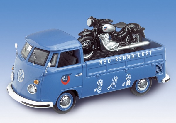VW T1 Bulli platform with Piccolo NSU Max "NSU Renndienst" blue, motorbike black/silver-metalli 002593 Модель 1:43
