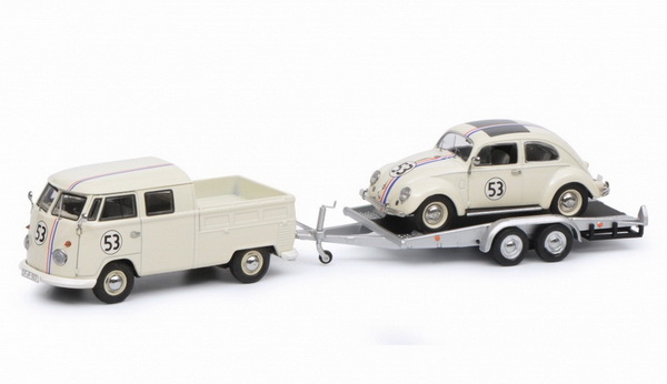 volkswagen t1b twin cabin with trailer and ovali beetle „53-racing“ - beige 3742 Модель 1:43