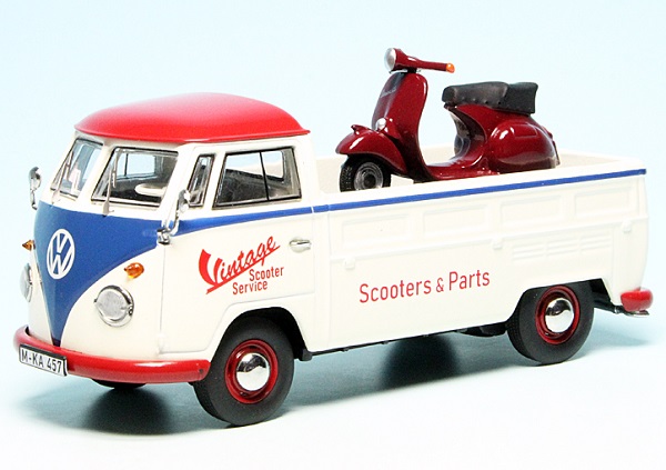 VW T1b platform with Piccolo Vespa GS Scooter "Vintage Scooter Service" beige/red/blue 450358400 Модель 1:43