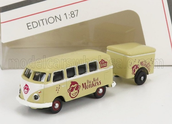 volkswagen t1 minibus with trailer (1962) the red monkeys with 5x figures, cream red 452669100 Модель 1:87