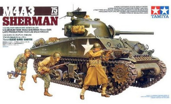 Модель 1:35 Американский танк, с 75мм пушкой. 1944г. Включает четыре фигуры и три варианта декалей.